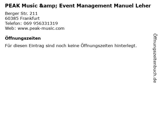 PEAK Music & Event Management Manuel Leher in Frankfurt: Adresse und Öffnungszeiten