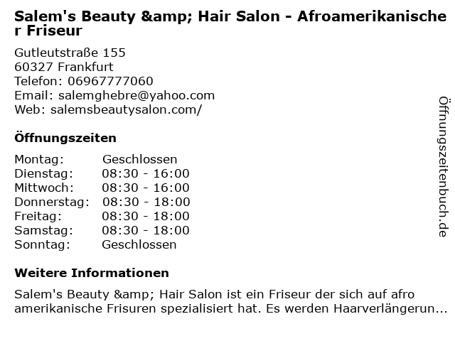 ᐅ Offnungszeiten Salem S Beauty Hair Salon Afroamerikanischer Friseur Gutleutstrasse 155 In Frankfurt