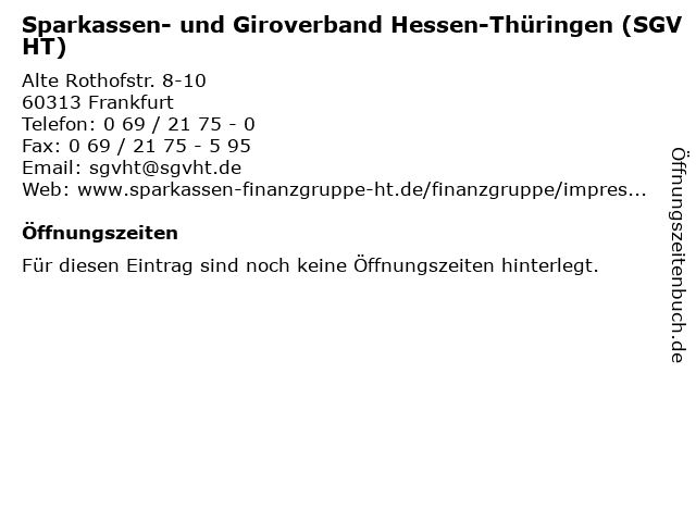 Sparkassen- und Giroverband Hessen-Thüringen (SGVHT) in Frankfurt: Adresse und Öffnungszeiten