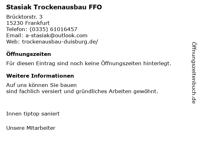 Stasiak Trockenausbau FFO in Frankfurt: Adresse und Öffnungszeiten