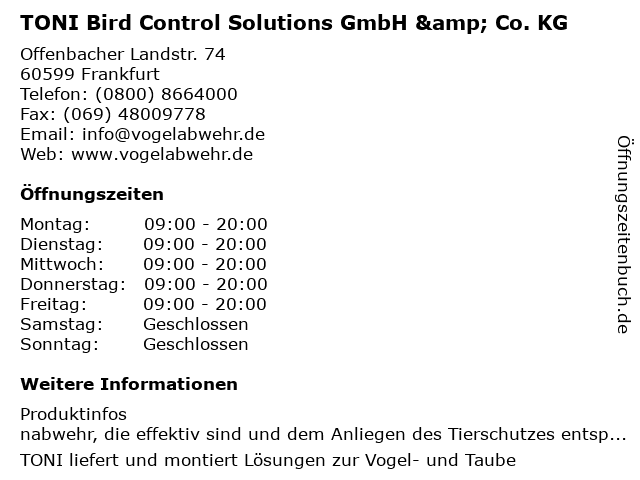 TONI Bird Control Solutions GmbH & Co. KG in Frankfurt: Adresse und Öffnungszeiten