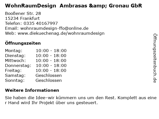 WohnRaumDesign  Ambrasas & Gronau GbR in Frankfurt: Adresse und Öffnungszeiten