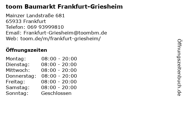toom Baumarkt Frankfurt-Griesheim in Frankfurt: Adresse und Öffnungszeiten
