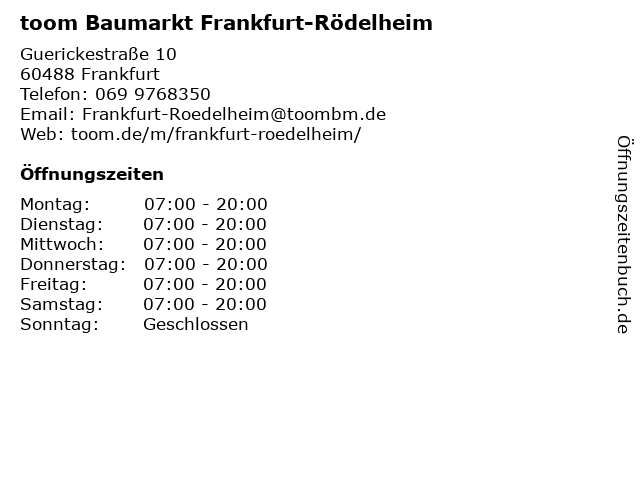 toom Baumarkt Frankfurt-Rödelheim in Frankfurt: Adresse und Öffnungszeiten