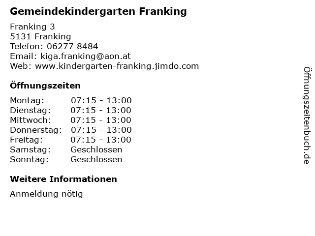 Gemeindekindergarten Franking in Franking: Adresse und Öffnungszeiten