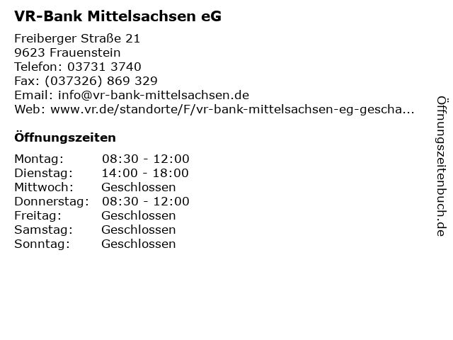 ᐅ Offnungszeiten Vr Bank Mittelsachsen Eg Geschaftsstelle