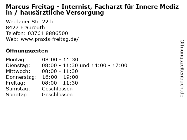 Marcus Freitag - Internist, Facharzt für Innere Medizin / hausärztliche Versorgung in Fraureuth: Adresse und Öffnungszeiten