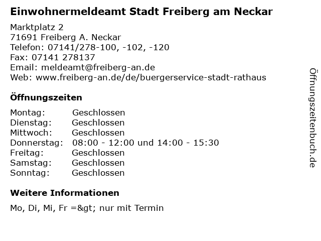Einwohnermeldeamt Stadt Freiberg am Neckar in Freiberg A. Neckar: Adresse und Öffnungszeiten