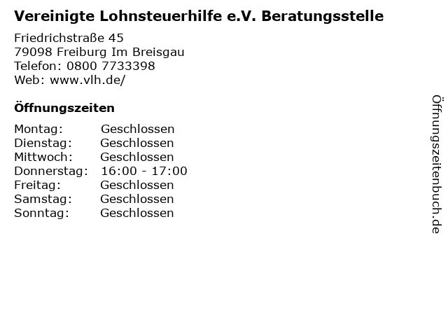 Vereinigte Lohnsteuerhilfe e.V. Beratungsstelle in Freiburg Im Breisgau: Adresse und Öffnungszeiten
