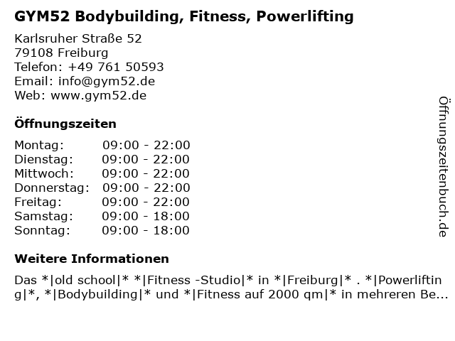 GYM52 Bodybuilding, Fitness, Powerlifting in Freiburg: Adresse und Öffnungszeiten