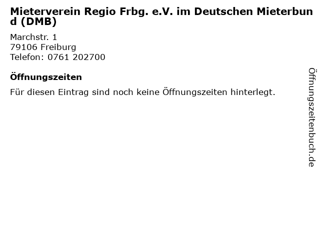 Mieterverein Regio Frbg. e.V. im Deutschen Mieterbund (DMB) in Freiburg: Adresse und Öffnungszeiten