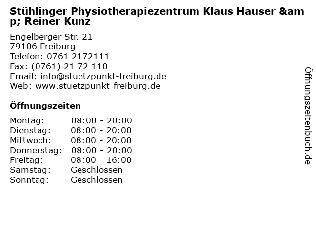 Stühlinger Physiotherapiezentrum Klaus Hauser & Reiner Kunz in Freiburg: Adresse und Öffnungszeiten
