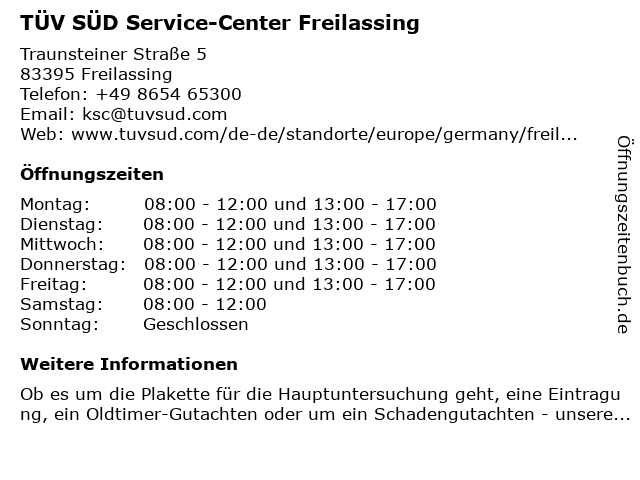 ᐅ Öffnungszeiten „TÜV SÜD Service-Center Freilassing“ | Traunsteiner Straße  5 in Freilassing