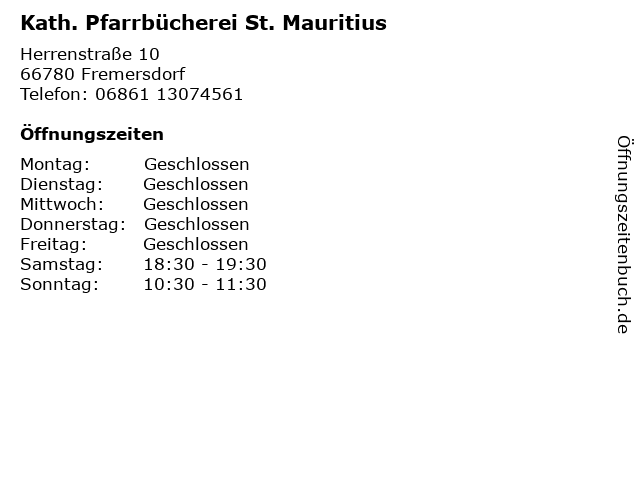 Kath. Pfarrbücherei St. Mauritius in Fremersdorf: Adresse und Öffnungszeiten
