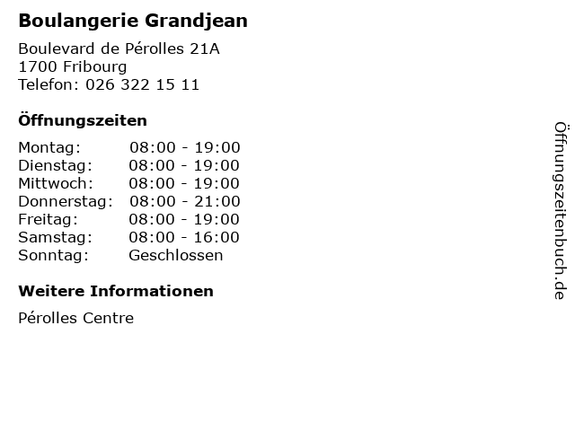 Boulangerie Grandjean in Fribourg: Adresse und Öffnungszeiten