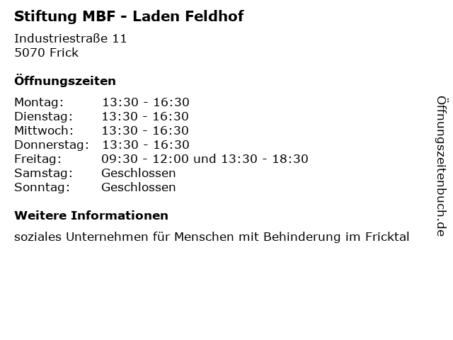 Stiftung MBF - Laden Feldhof in Frick: Adresse und Öffnungszeiten