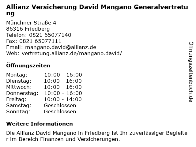 Allianz Versicherung David Mangano Generalvertretung in Friedberg: Adresse und Öffnungszeiten