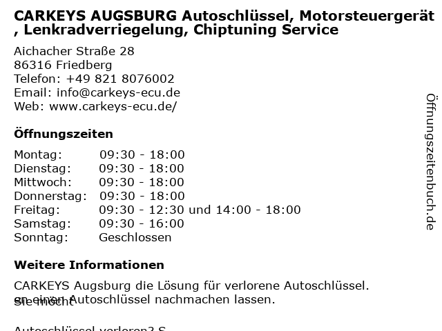 CARKEYS AUGSBURG Autoschlüssel, Motorsteuergerät, Lenkradverriegelung, Chiptuning Service in Friedberg: Adresse und Öffnungszeiten