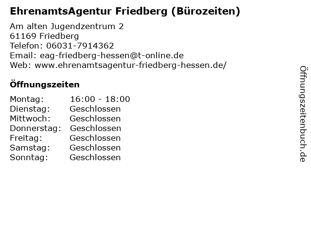 EhrenamtsAgentur Friedberg (Bürozeiten) in Friedberg: Adresse und Öffnungszeiten