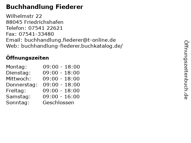 ᐅ Öffnungszeiten „Buchhandlung Fiederer“