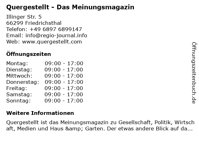 Quergestellt - Das Meinungsmagazin in Friedrichsthal: Adresse und Öffnungszeiten