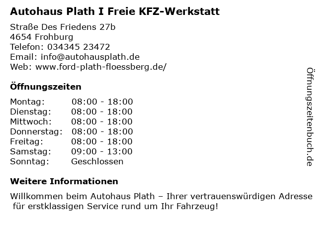 Autohaus Plath I Freie KFZ-Werkstatt in Frohburg: Adresse und Öffnungszeiten
