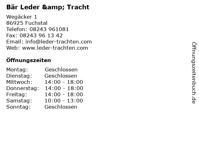 Bär Leder & Tracht in Fuchstal: Adresse und Öffnungszeiten