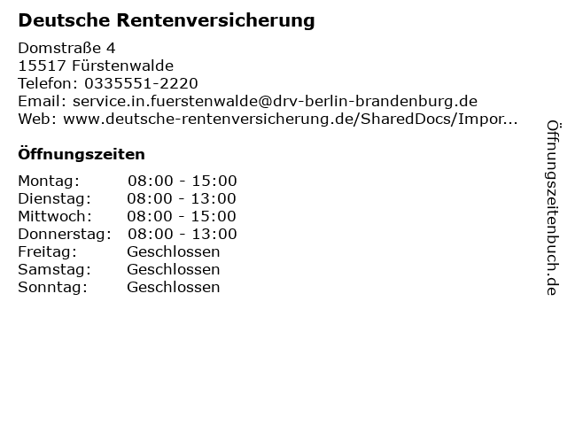 Deutsche Rentenversicherung in Fürstenwalde: Adresse und Öffnungszeiten