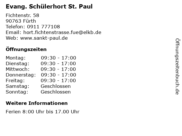 Evang. Schülerhort St. Paul in Fürth: Adresse und Öffnungszeiten