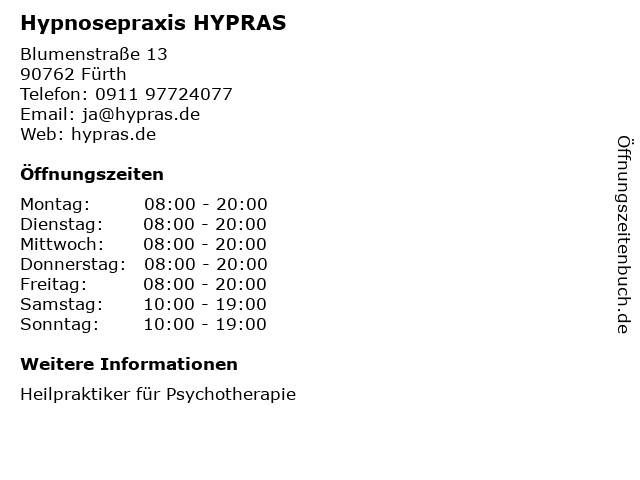 Hypnosepraxis HYPRAS in Fürth: Adresse und Öffnungszeiten