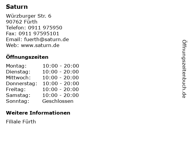 Saturn in Fürth: Adresse und Öffnungszeiten