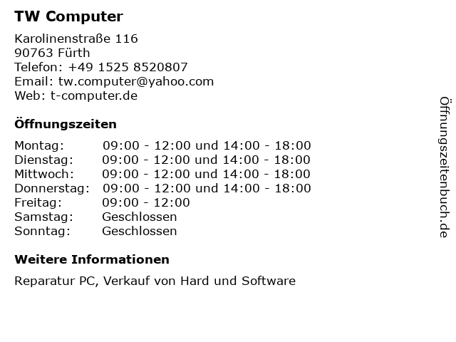 TW Computer in Fürth: Adresse und Öffnungszeiten