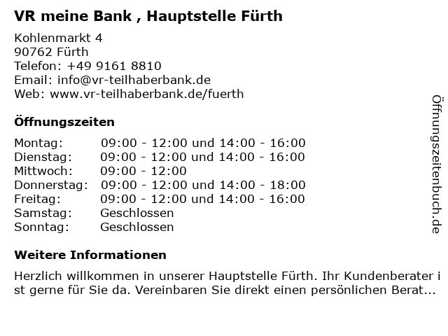 VR meine Bank , Hauptstelle Fürth in Fürth: Adresse und Öffnungszeiten