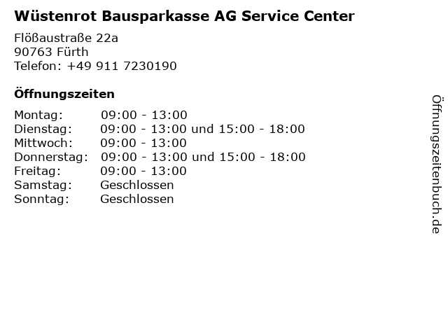 Wüstenrot Bausparkasse AG Service Center in Fürth: Adresse und Öffnungszeiten