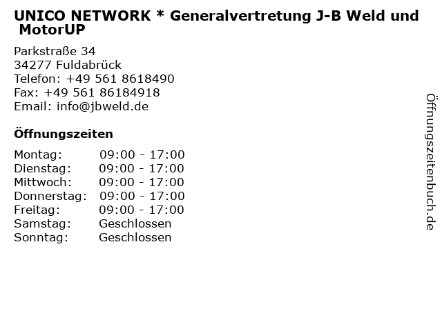 UNICO NETWORK * Generalvertretung J-B Weld und MotorUP in Fuldabrück: Adresse und Öffnungszeiten