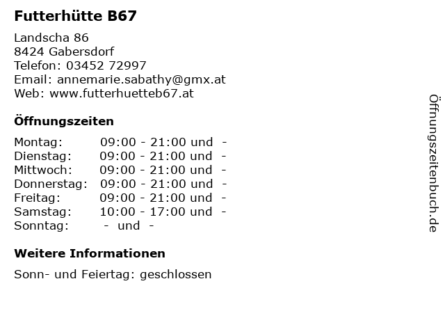 Futterhütte B67 in Gabersdorf: Adresse und Öffnungszeiten