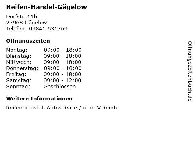Reifen-Handel-Gägelow in Gägelow: Adresse und Öffnungszeiten