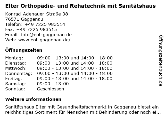 Elter Orthopädie- und Rehatechnik mit Sanitätshaus in Gaggenau: Adresse und Öffnungszeiten