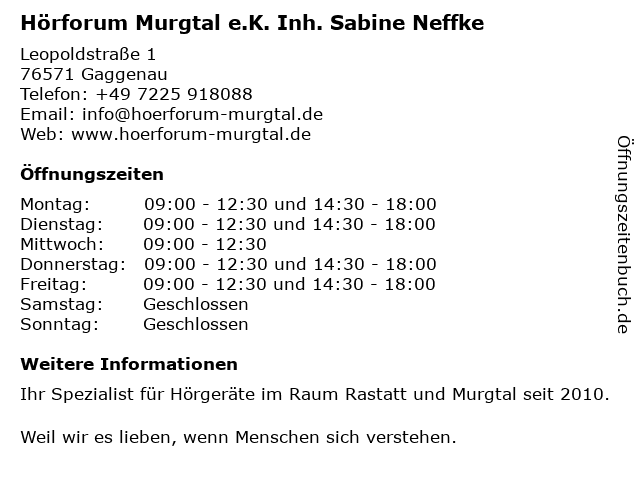Hörforum Murgtal e.K. Inh. Sabine Neffke in Gaggenau: Adresse und Öffnungszeiten