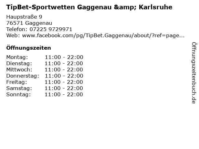 TipBet-Sportwetten Gaggenau & Karlsruhe in Gaggenau: Adresse und Öffnungszeiten