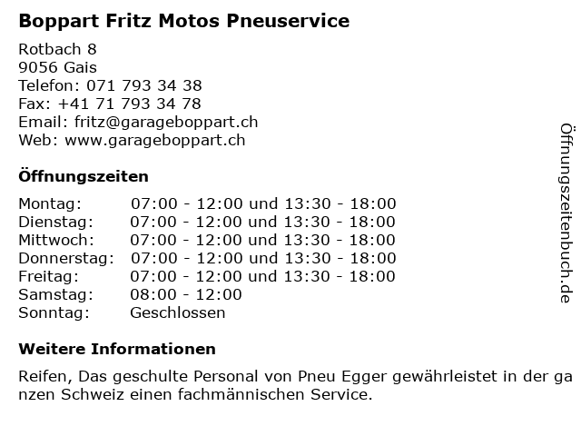 Boppart Fritz Motos Pneuservice in Gais: Adresse und Öffnungszeiten