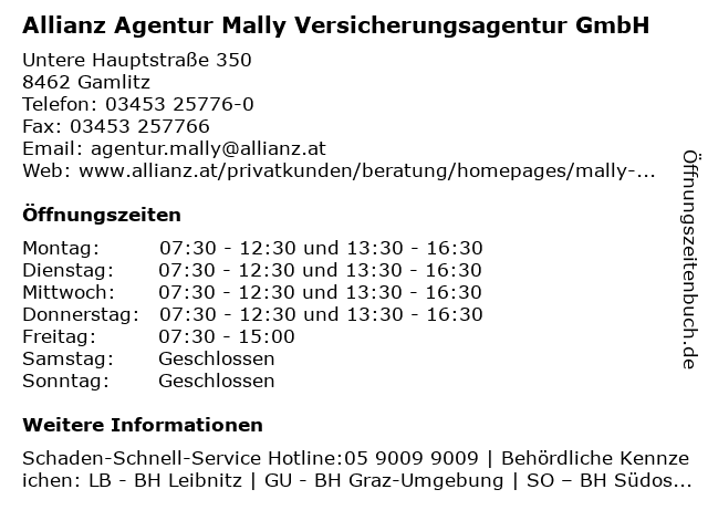 Allianz Agentur Mally Versicherungsagentur GmbH in Gamlitz: Adresse und Öffnungszeiten
