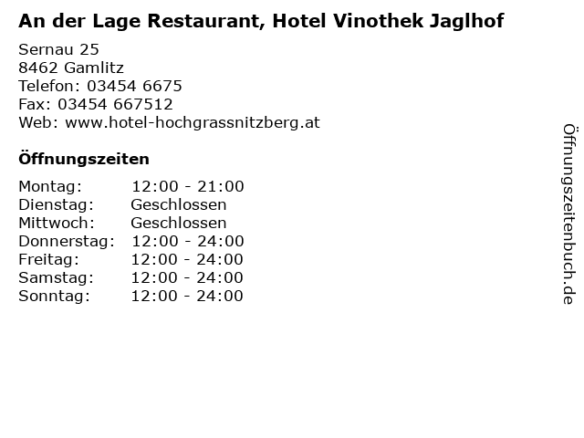 An der Lage Restaurant, Hotel Vinothek Jaglhof in Gamlitz: Adresse und Öffnungszeiten