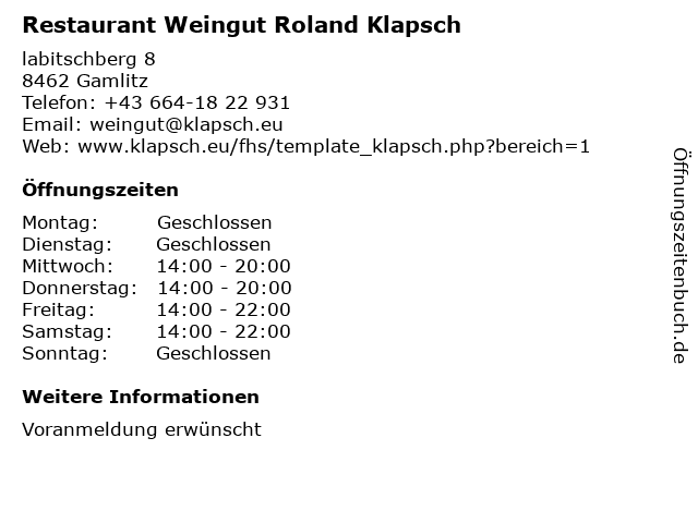 Restaurant Weingut Roland Klapsch in Gamlitz: Adresse und Öffnungszeiten