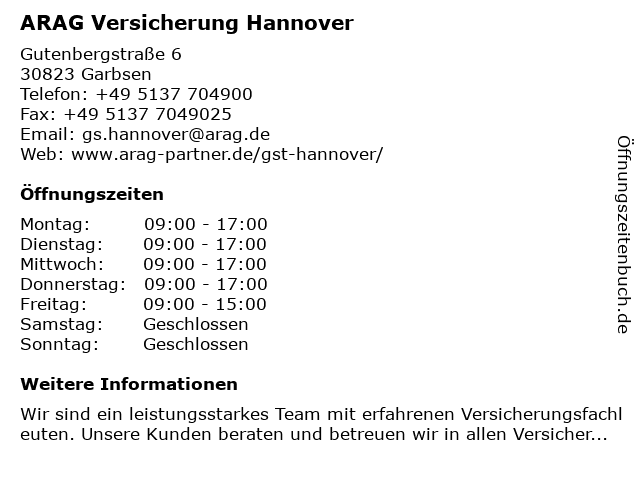 ARAG Versicherung Hannover in Garbsen: Adresse und Öffnungszeiten
