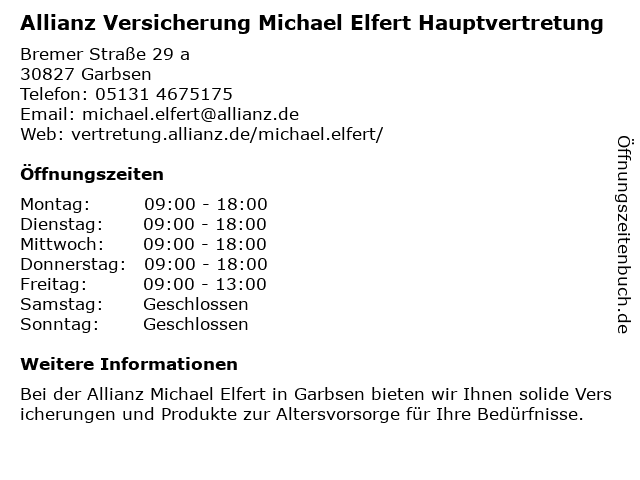 Allianz Versicherung Michael Elfert Hauptvertretung in Garbsen: Adresse und Öffnungszeiten