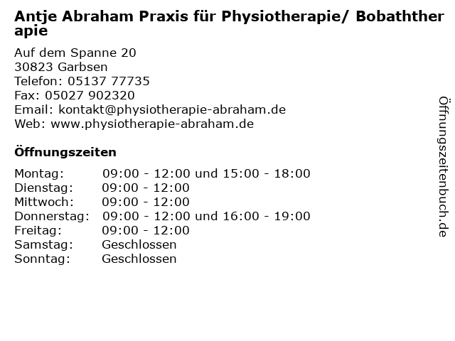 Antje Abraham Praxis für Physiotherapie/ Bobaththerapie in Garbsen: Adresse und Öffnungszeiten