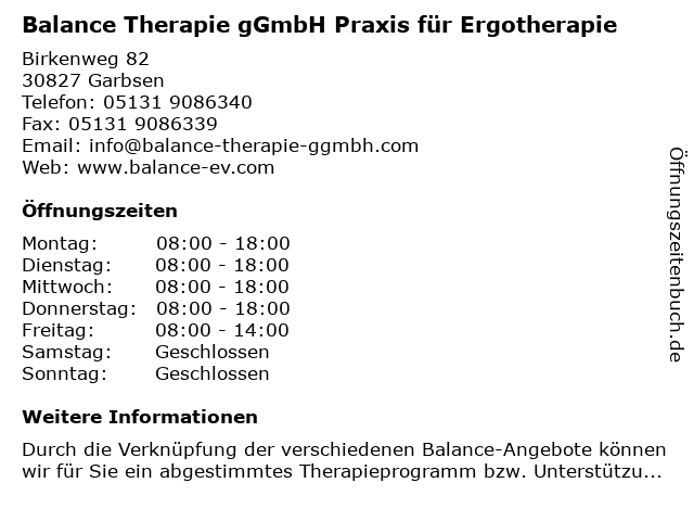 Balance Therapie gGmbH Praxis für Ergotherapie in Garbsen: Adresse und Öffnungszeiten