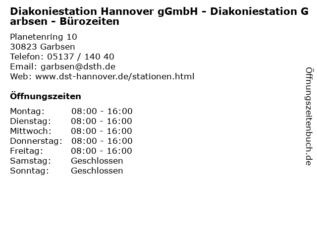 Diakoniestation Hannover gGmbH - Diakoniestation Garbsen - Bürozeiten in Garbsen: Adresse und Öffnungszeiten