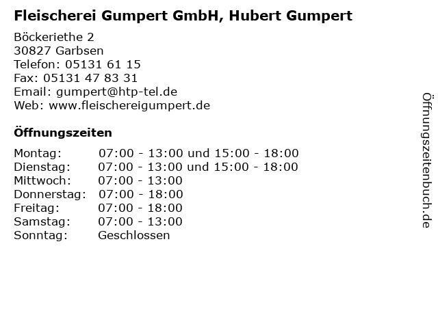 Fleischerei Gumpert GmbH, Hubert Gumpert in Garbsen: Adresse und Öffnungszeiten